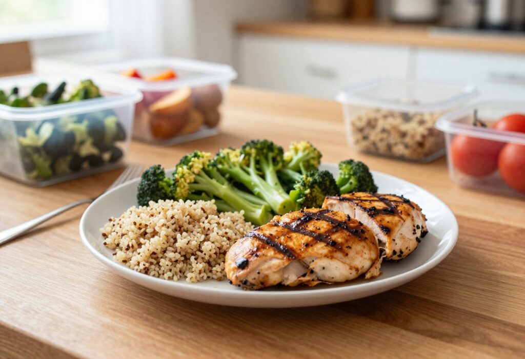 Healthy low-calorie meal with chicken, vegetables, and quinoa