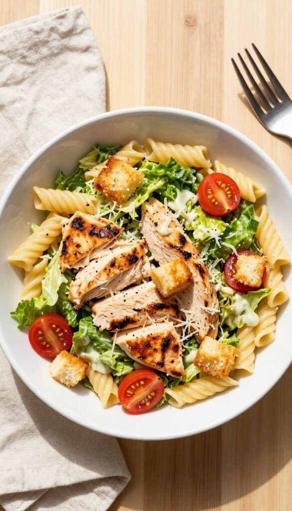 Grilled Caesar chicken pasta salad in a white bowl with croutons, cherry tomatoes, and Parmesan on a wooden table.