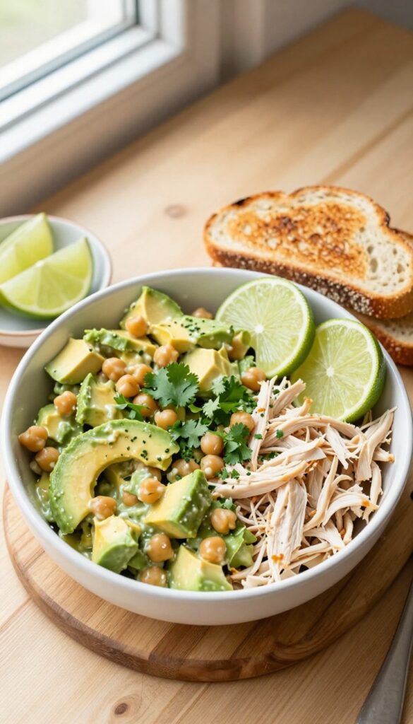 Overhead shot of avocado chickpea chicken salad in a white bowl with toasted sourdough bread and lime wedges on a rustic wooden table.