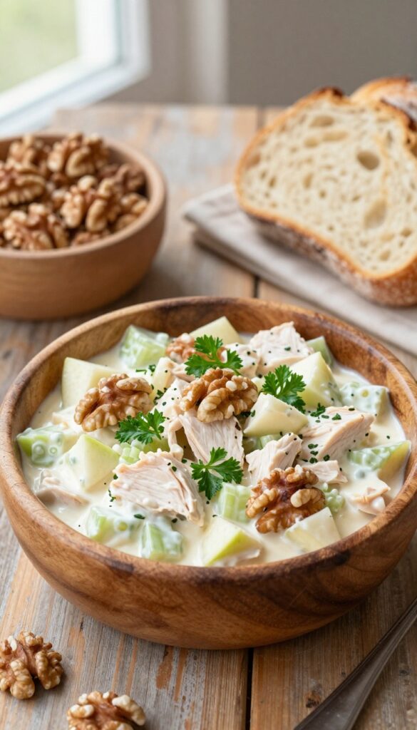 Creamy chicken salad with apples and walnuts in a wooden bowl on a rustic table with bread