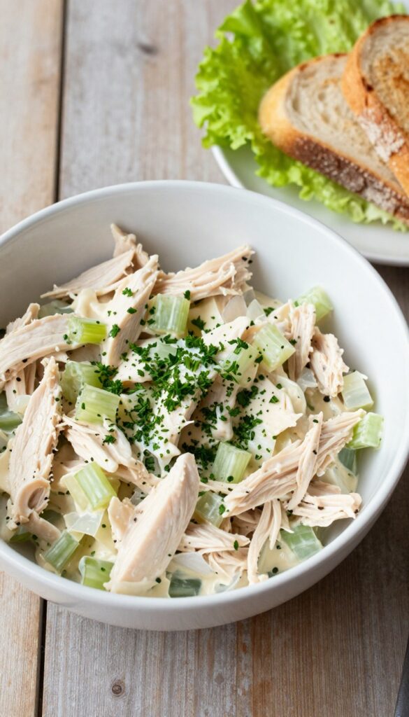 Classic chicken salad in a white bowl on a wooden table with toast and lettuce.