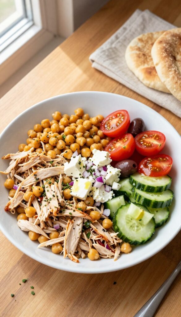 Greek chickpea chicken salad in a white bowl with pita bread on a wooden table.