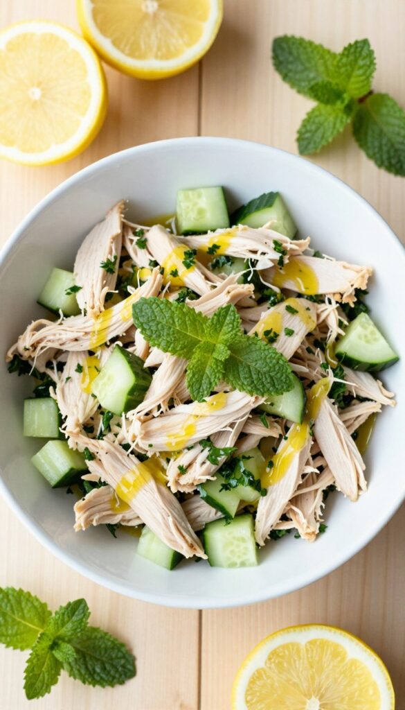Lemon herb chicken salad with cucumber and mint in a white bowl on a wooden table.