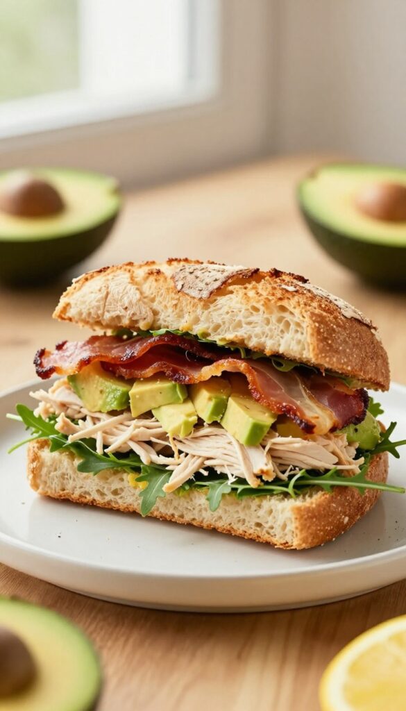 Loaded avocado chicken salad sandwich on toasted sourdough with bacon and arugula, cut in half, on a wooden table with natural light.