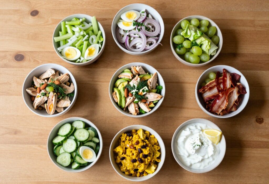 Nine bowls of chicken salad variations arranged on a wooden table, each with unique ingredients and colors.