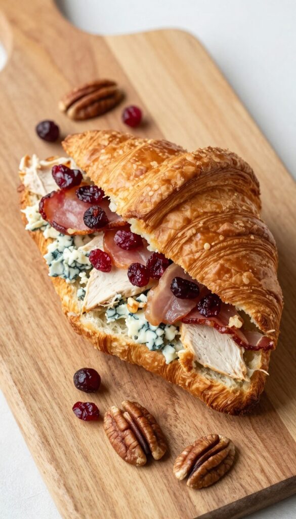 Croissant sandwich with bacon cranberry chicken salad and blue cheese on a wooden board.