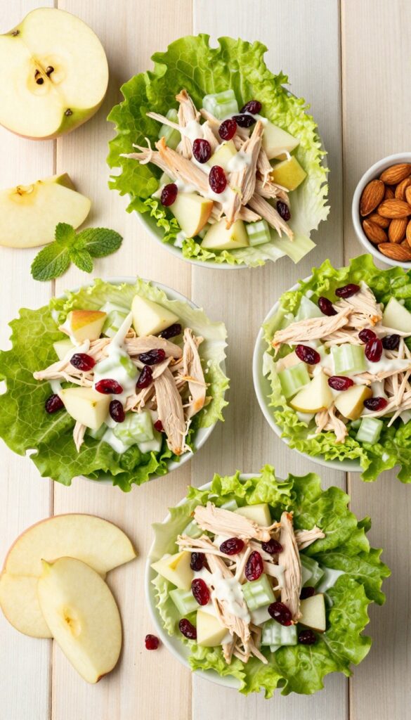 Butter lettuce cups filled with cranberry apple chicken salad, garnished with mint leaves, on a wooden table.