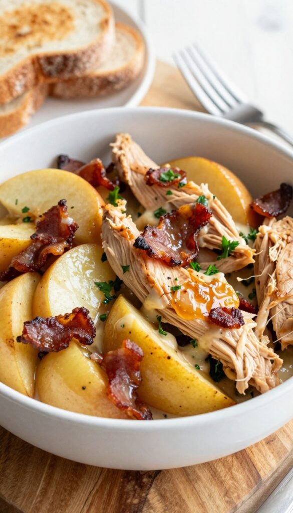 Warm chicken salad with caramelized apples and bacon in a bowl, with toast on the side.