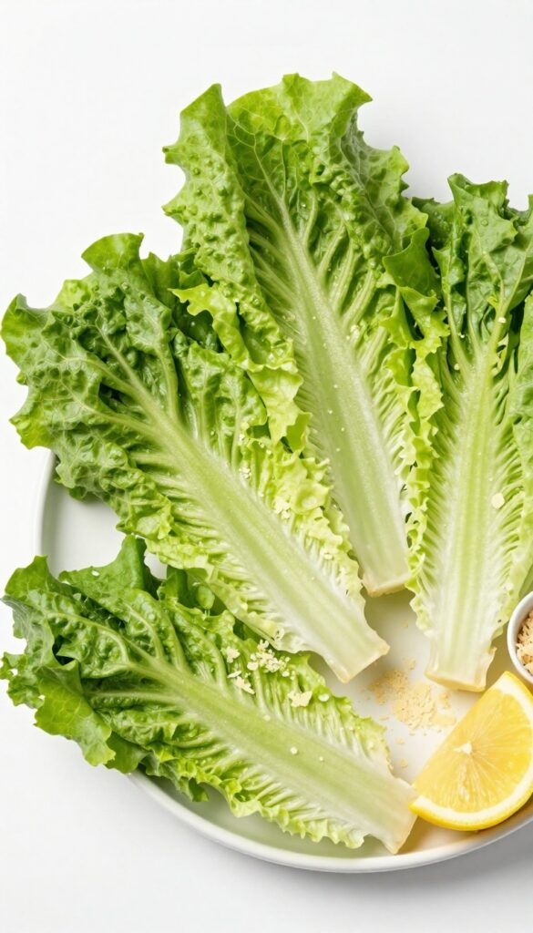 Three Caesar chicken lettuce wraps on a wooden board with a bowl of filling and lemon garnish.