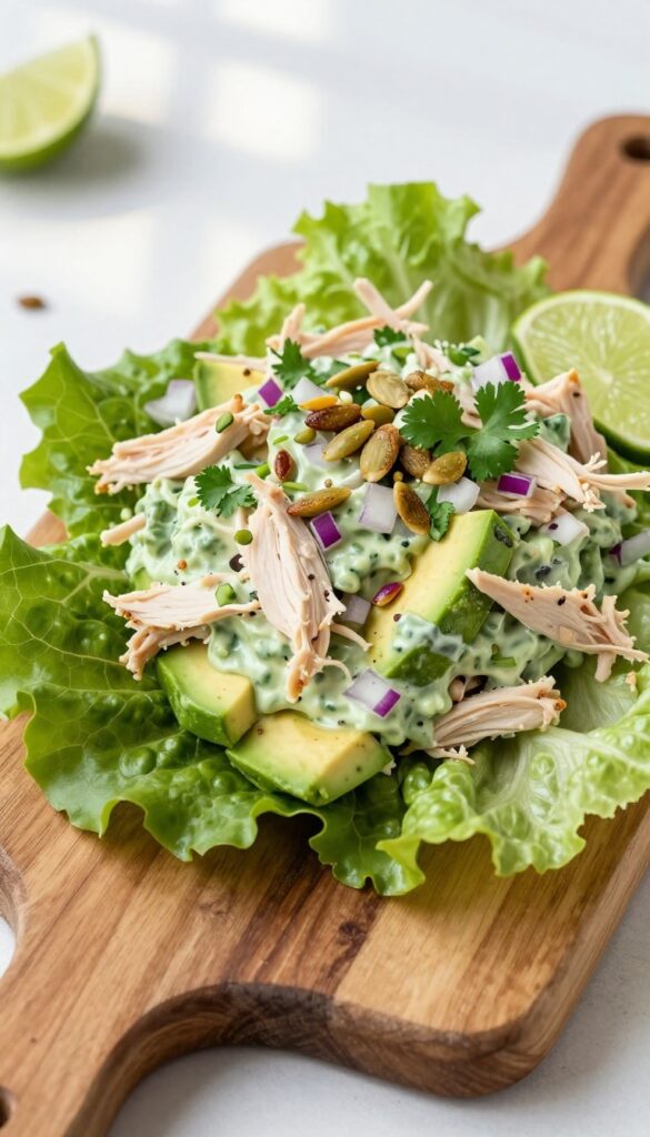 Avocado and lime chicken salad in lettuce cups on a wooden board with lime wedge and pepitas