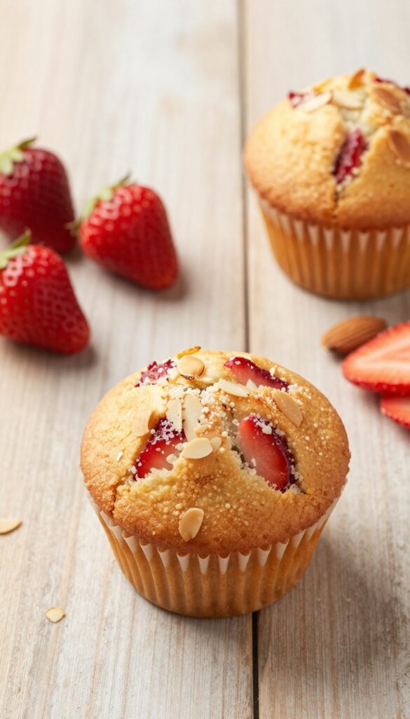 Freshly baked strawberry almond muffin with sliced almonds and turbinado sugar topping on a wooden table, surrounded by strawberries and almonds.