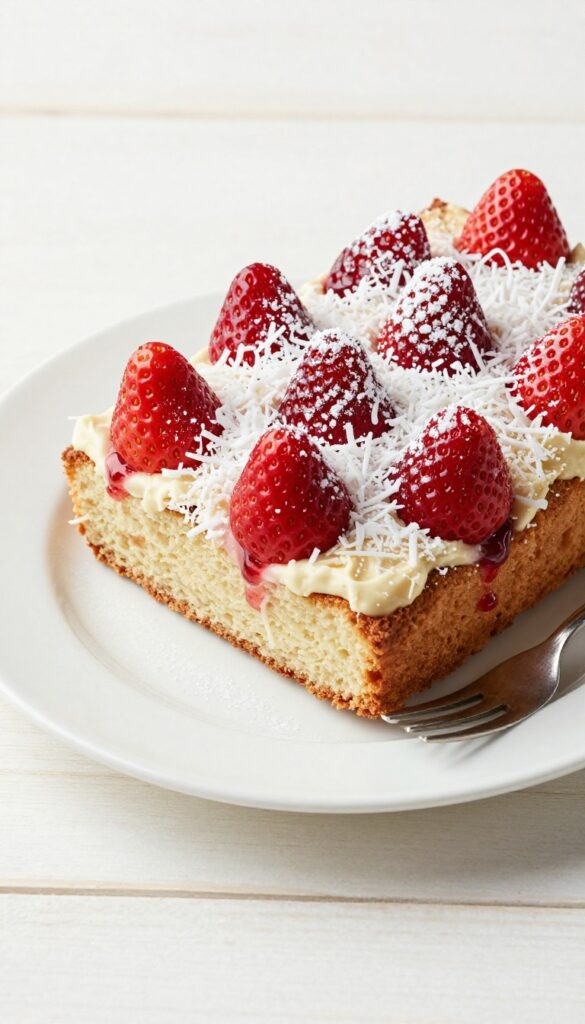 A slice of vegan strawberry coconut cake on a white plate, showing moist crumb with shredded coconut and strawberry pieces, dusted with powdered sugar.
