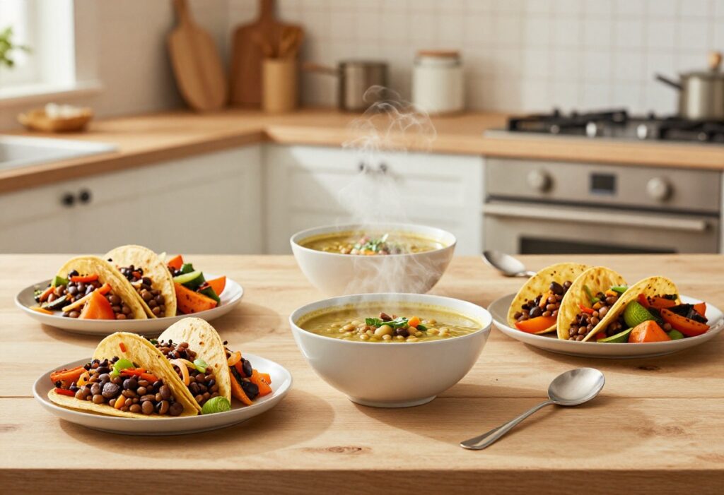 Vegetarian meal plan dinner spread with lentil soup and black bean tacos