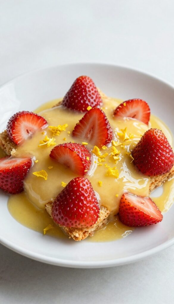 Lemon strawberry blondie with lemon glaze on a white plate