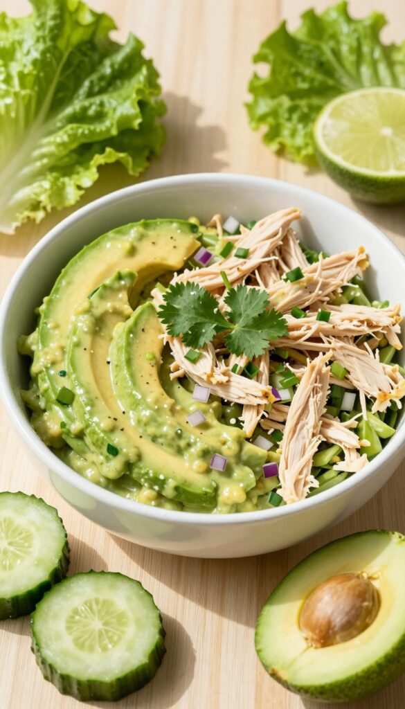 Avocado lime chicken salad in a bowl with lettuce cups and cucumber slices on a wooden table.