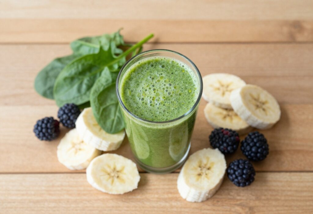 A vibrant smoothie with fresh fruits and greens on a wooden table
