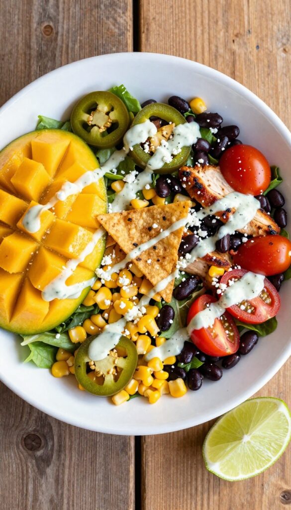 Grilled BBQ chicken salad with mango, jalapeño, corn, black beans, and tortilla chips on mixed greens.
