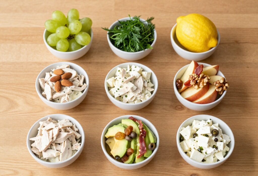 Six bowls of creamy chicken salad with different mix-ins on a wooden table.