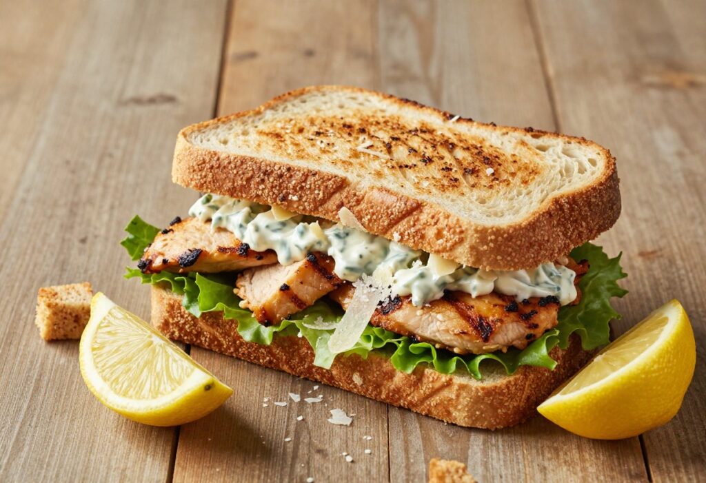 Toasted sourdough Chicken Caesar Salad Sandwich with grilled chicken, romaine, and Parmesan on a wooden table