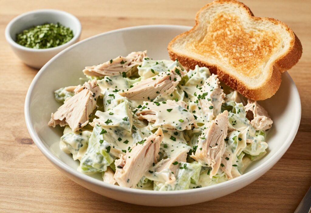 Bowl of classic chicken salad with herbs on a wooden table with toast
