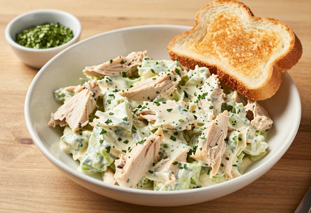 Bowl of classic chicken salad with herbs on a wooden table with toast