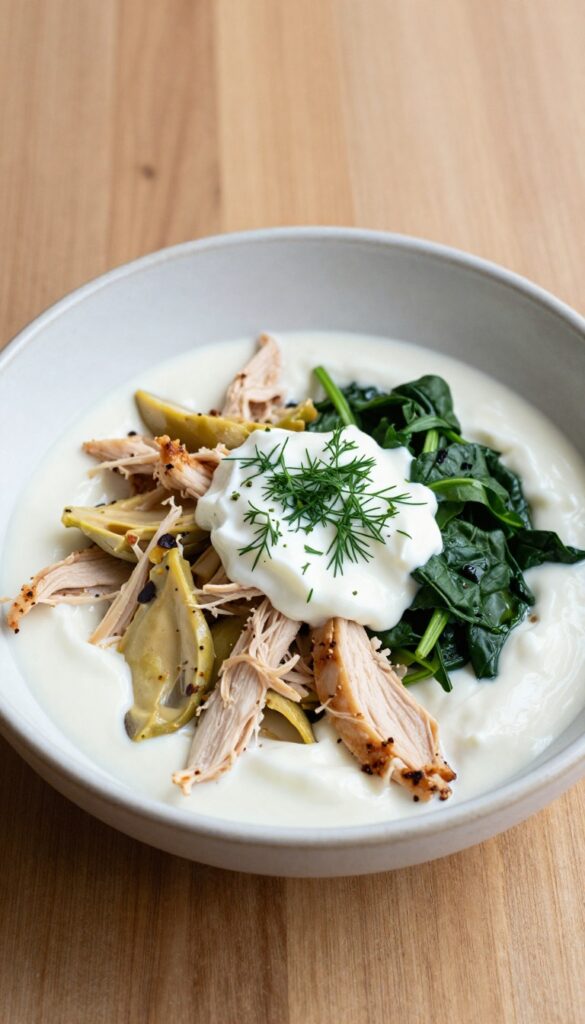 Creamy Greek yogurt chicken salad with artichoke hearts and spinach in a rustic bowl on a wooden table.