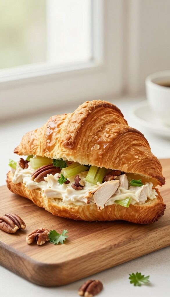 Pecan-crusted chicken salad on a croissant, overhead view on a wooden board with pecans and parsley.