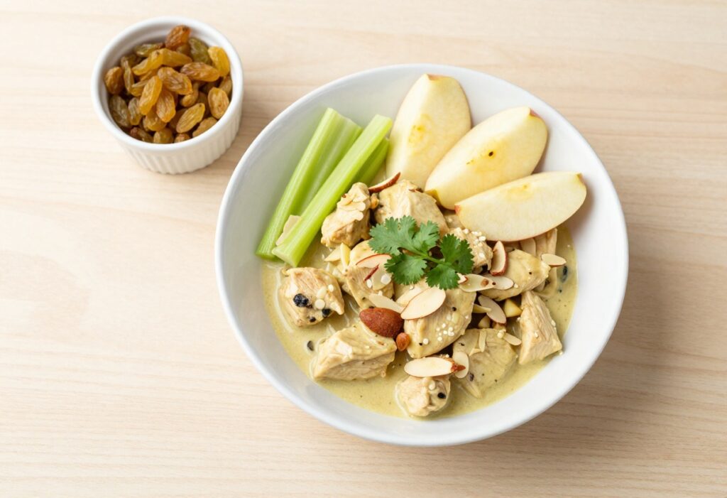 Bowl of curry chicken salad with apples, celery, and almonds on a wooden table