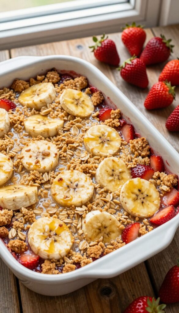 Strawberry banana crisp in a baking dish with oat topping, surrounded by fresh bananas and strawberries on a wooden table.