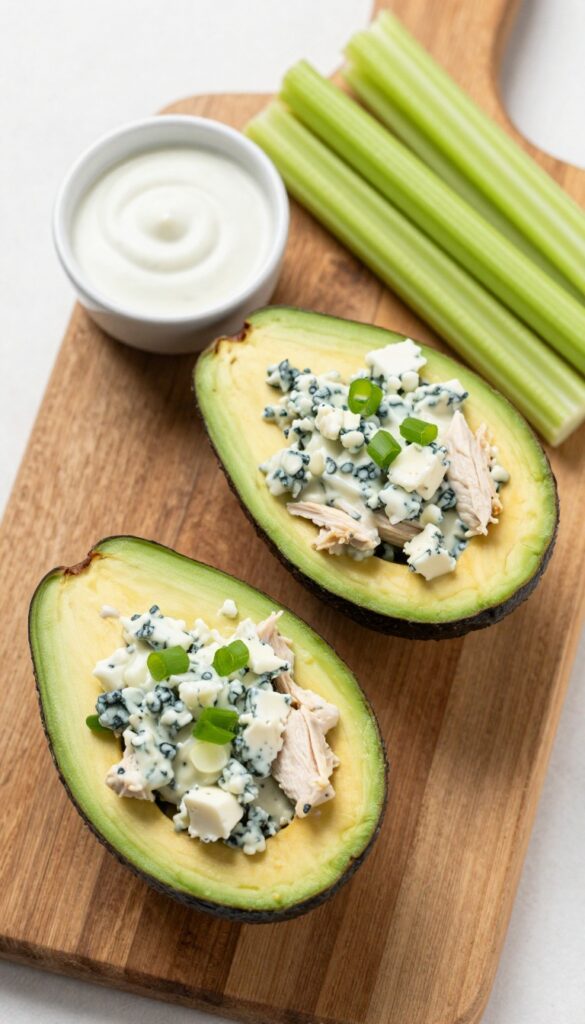 Buffalo chicken salad stuffed avocados with blue cheese and green onion on a wooden board
