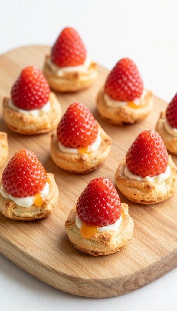 Mini strawberry cream cheese danish bites on a wooden board, golden pastry with whole strawberry halves and glossy glaze.