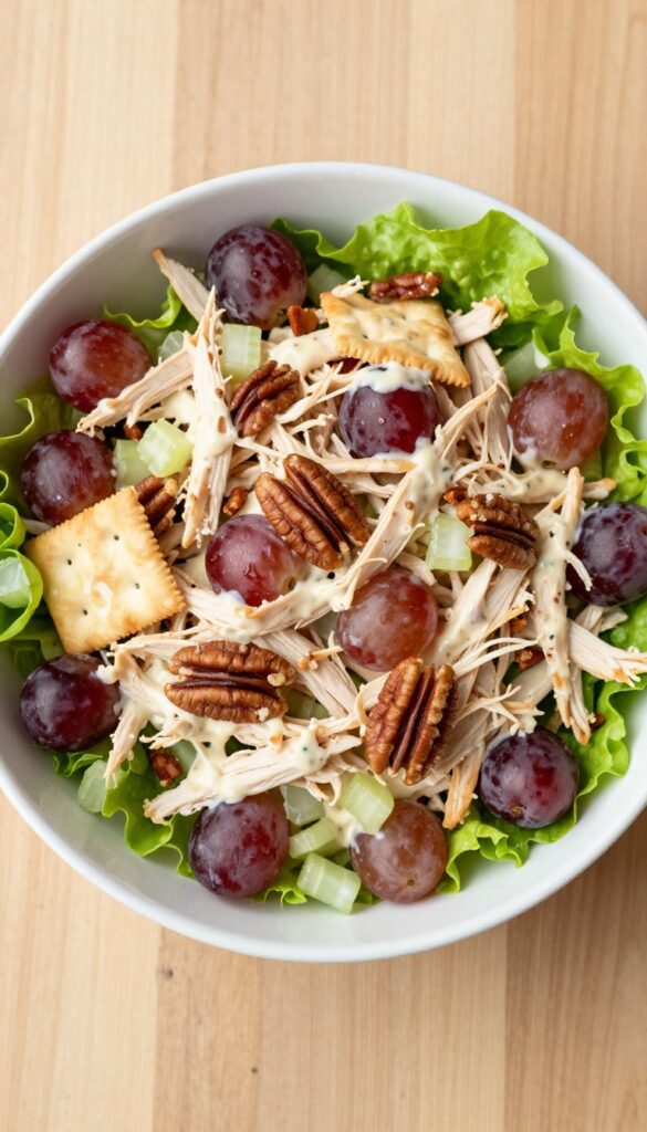 Creamy chicken salad with red grapes and pecans in a bowl on a wooden table with lettuce and crackers