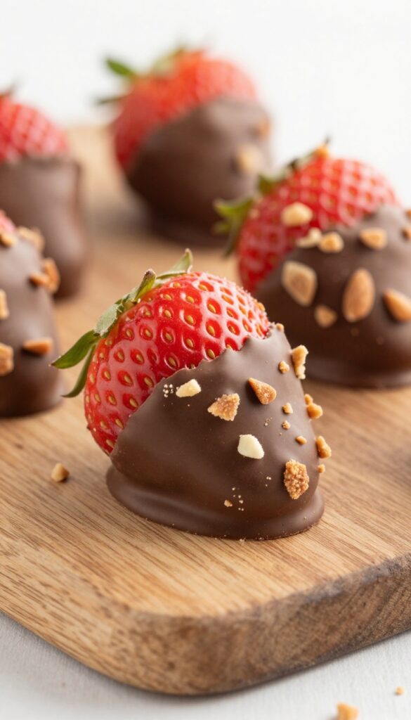 Chocolate-covered strawberry with toffee and almond crunch on a wooden board