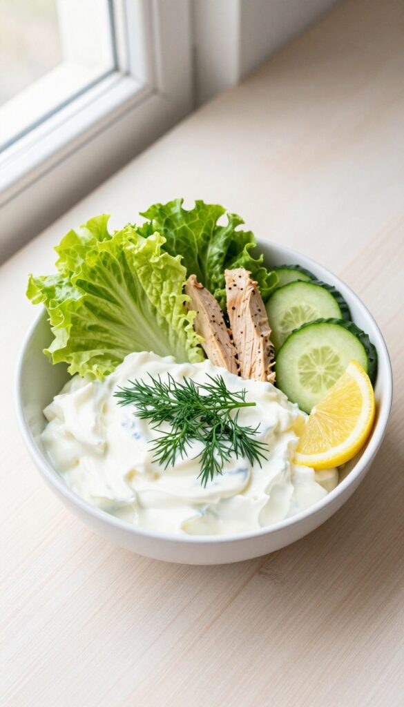 Creamy Greek yogurt and dill chicken salad in a white bowl with fresh dill and lemon, surrounded by romaine lettuce, pita, and cucumber slices on a wooden table.