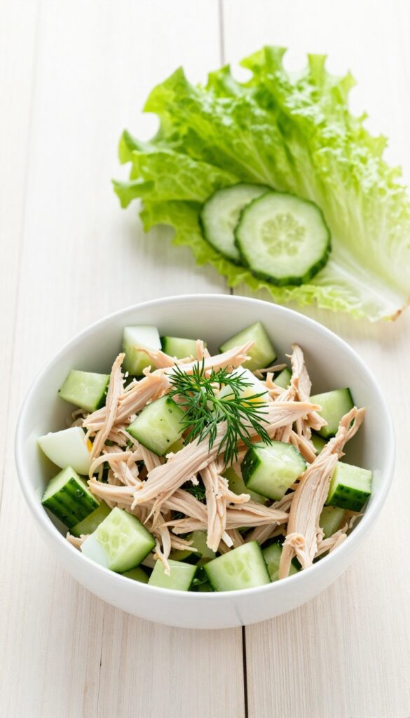 Cucumber dill chicken salad with boiled eggs and lettuce cups on a wooden table.