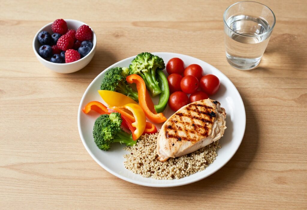 Balanced plate with vegetables, grilled chicken, and quinoa for prediabetes meal plan