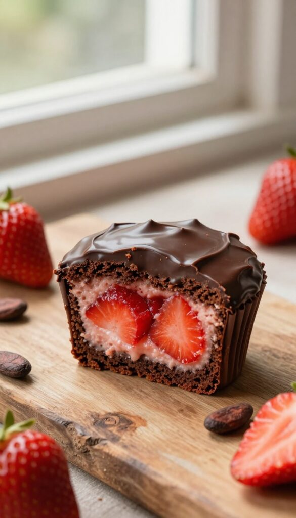 Chocolate cupcake with strawberry cream filling and chocolate ganache