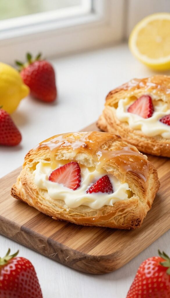 Strawberry cream cheese Danish with lemon glaze on a wooden board
