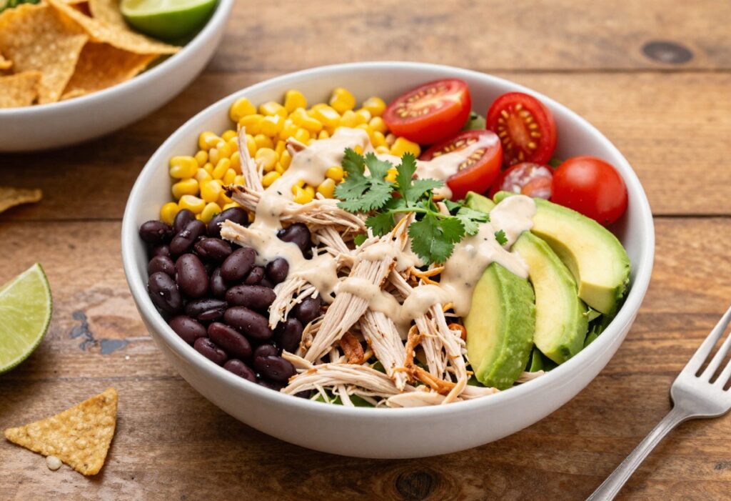 Southwest chicken salad bowl with chicken, black beans, corn, avocado, and tortilla strips, drizzled with chipotle dressing.