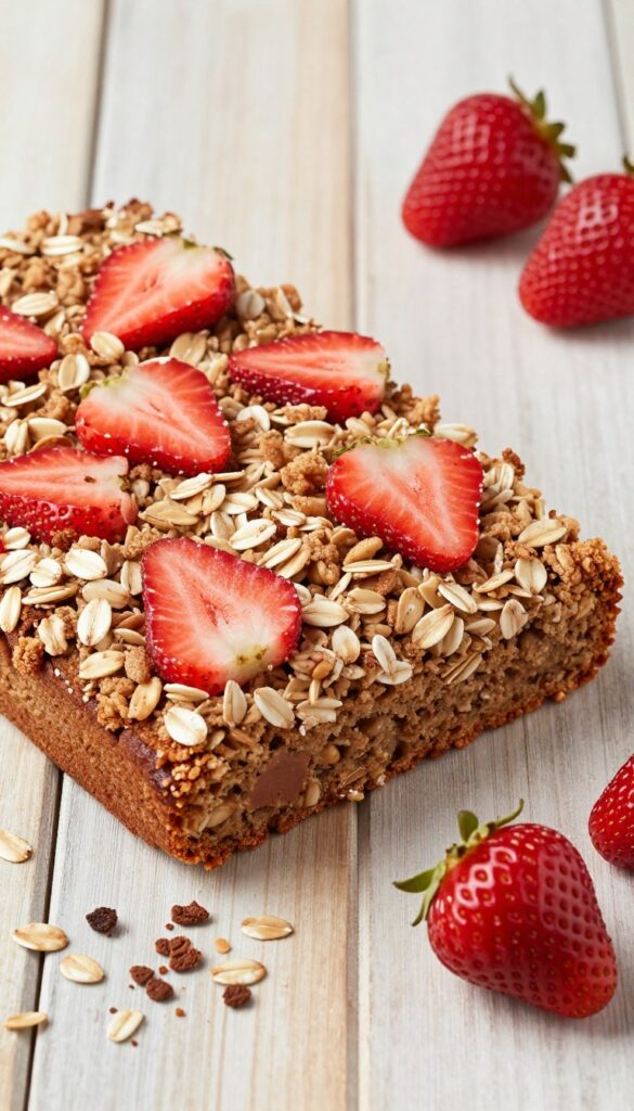 Slice of strawberry oatmeal coffee cake with streusel topping on a wooden table