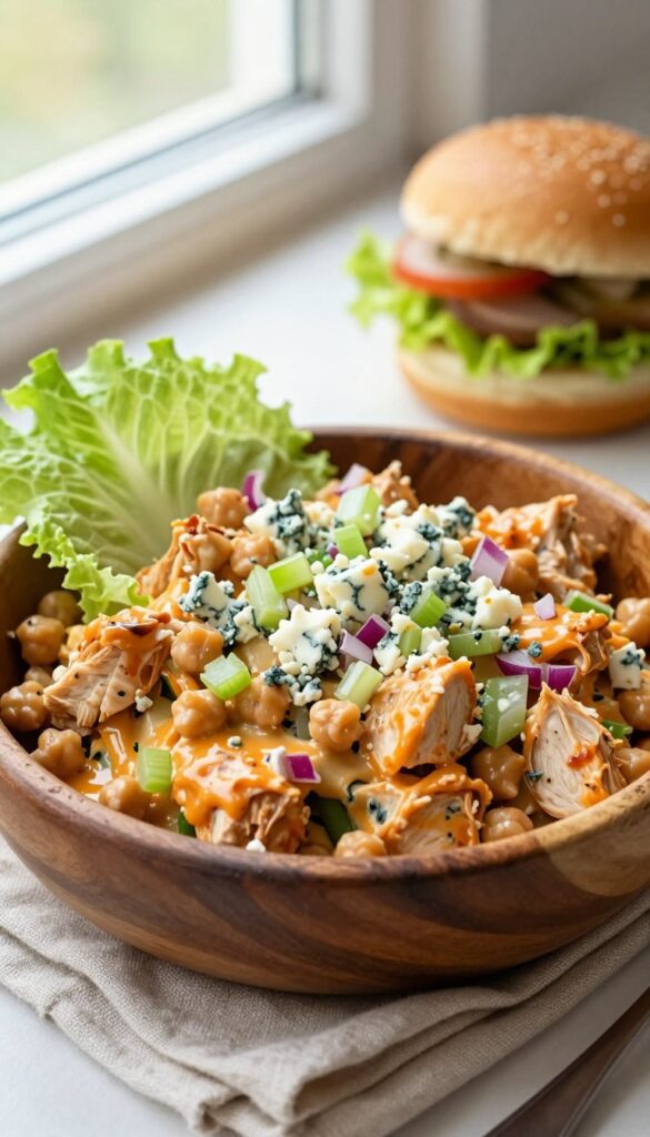 Buffalo chickpea chicken salad in a wooden bowl with blue cheese, celery, and onion, served with lettuce and a bun.