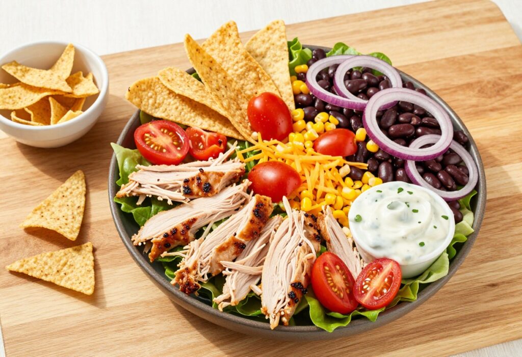Overhead view of a colorful BBQ chicken salad with tortilla strips and ranch dressing on a wooden table.