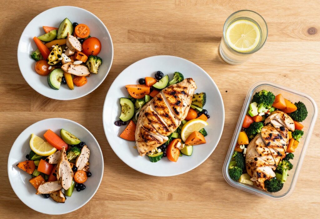 No-sugar meal with grilled chicken, vegetables, and salad on a wooden table