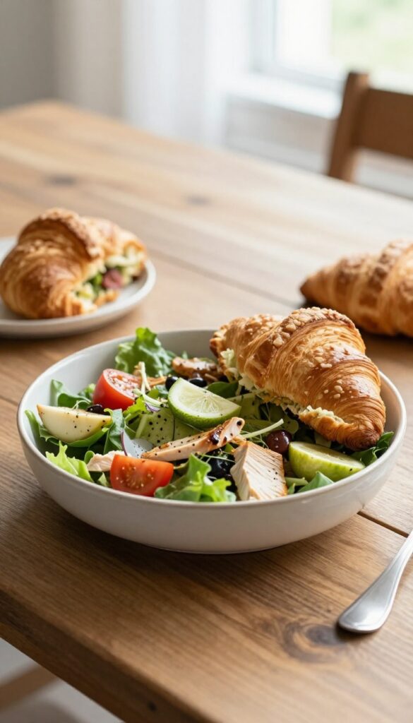 Chicken salad in a bowl with a croissant sandwich on the side, on a wooden table.