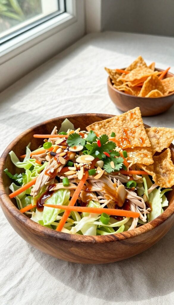 Asian chicken salad with crispy wonton strips and ginger-soy dressing in a wooden bowl.