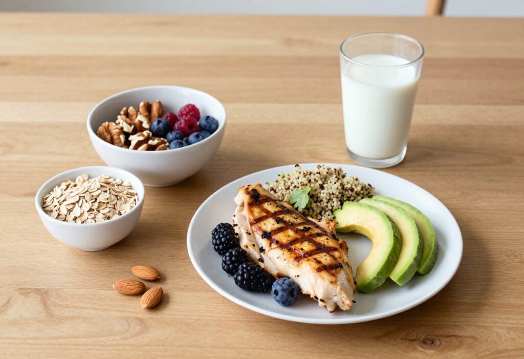 Healthy 3000 calorie meal plan foods on a wooden table