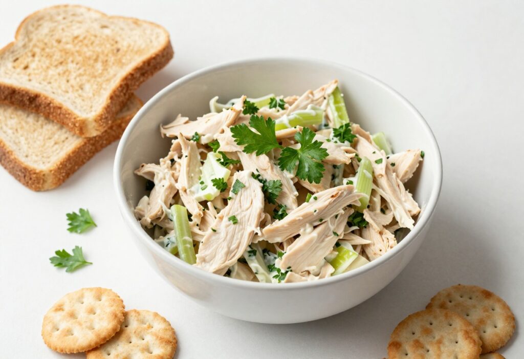 Bowl of chicken salad with toast and crackers on a white surface
