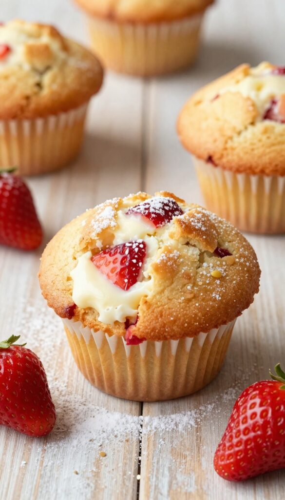 Strawberry cream cheese muffin with cream cheese filling, on a wooden table with fresh strawberries.