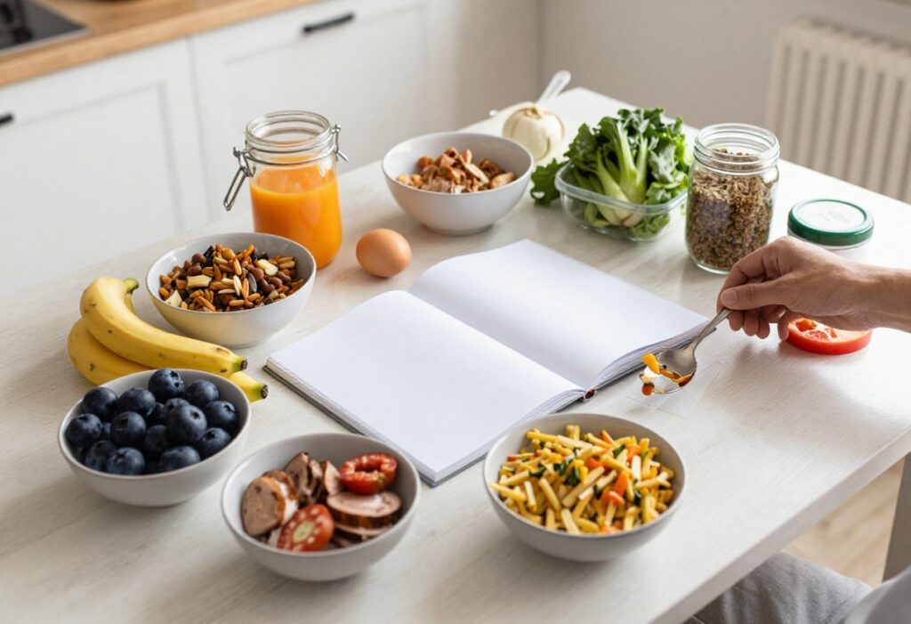 Meal prep containers with colorful vegetables, chicken, and quinoa on a kitchen counter