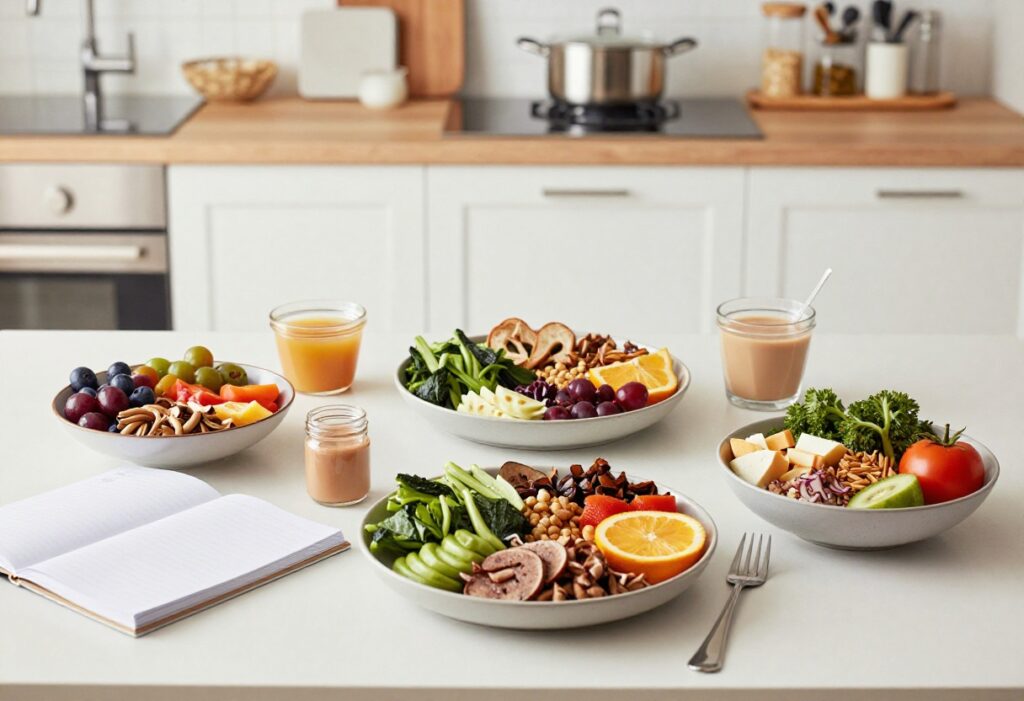 Balanced 1500 calorie meal with chicken, quinoa, and vegetables on a wooden table